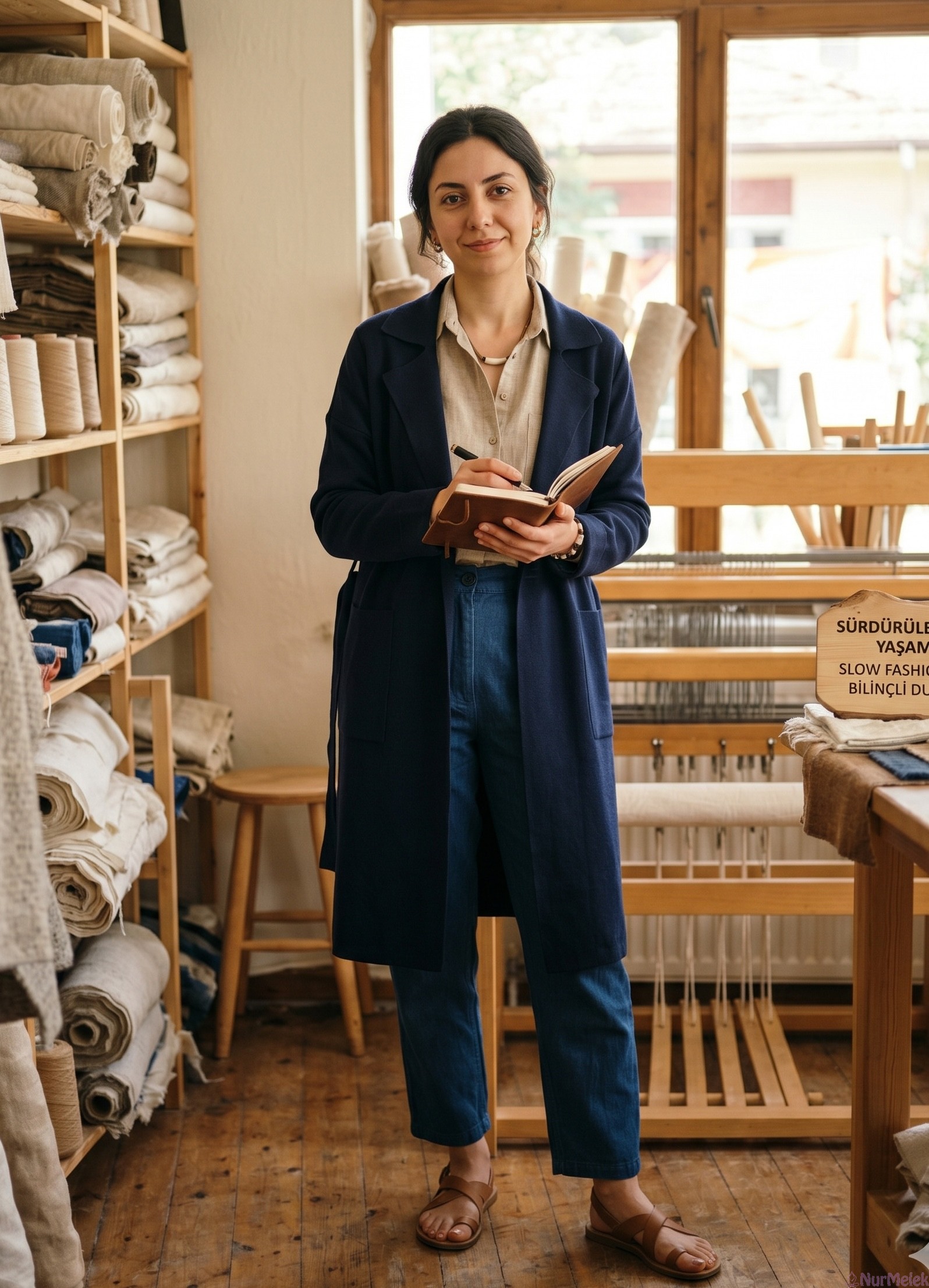 lacivert uzun ceket ve denim pantolonlu tesettür yavaş moda kombini