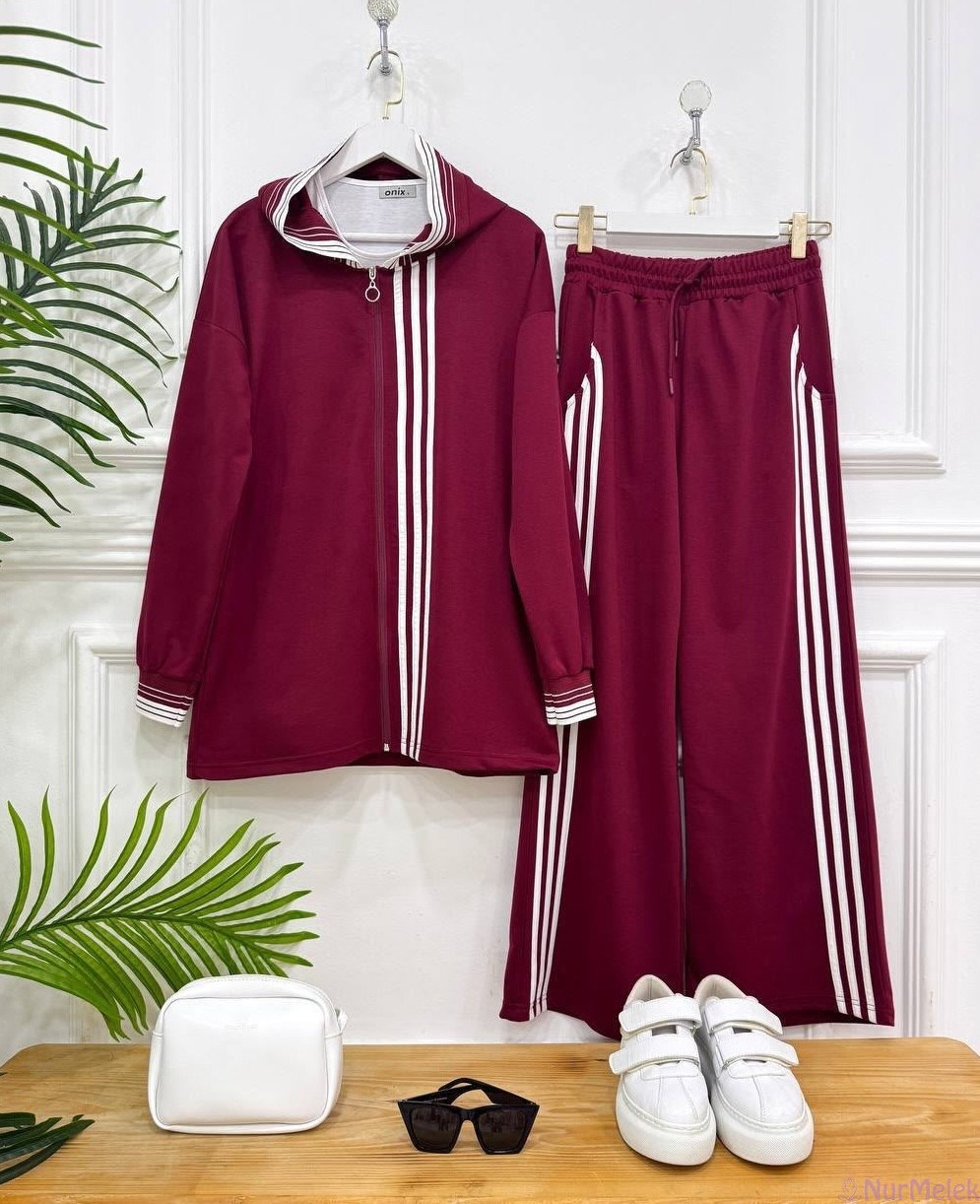 Bordo Şerit Detaylı Spor Kapüşonlu Tesettür Takım