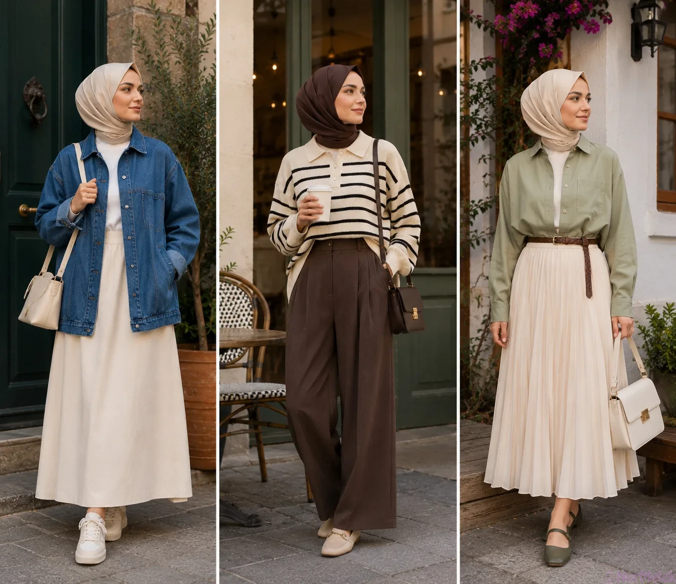 Denim Ceket, Çizgili Triko ve Piliseli Etek ile Şık Tesettür Kombinleri