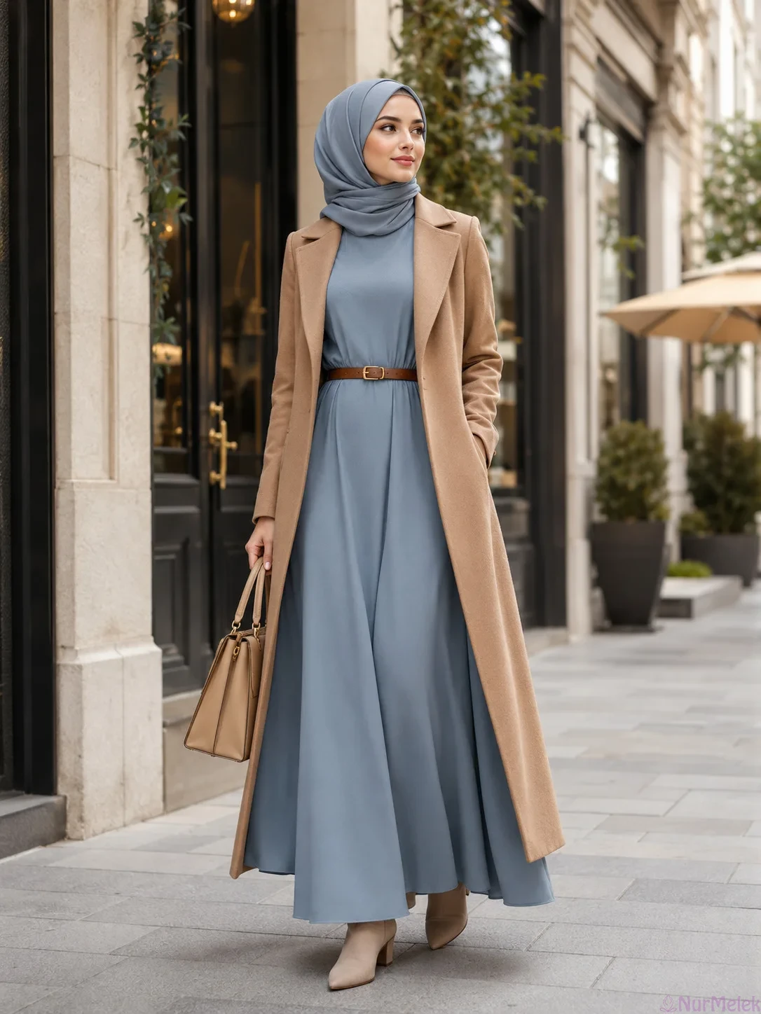 Mavi Uzun Elbise ve Camel Kaban ile Romantik Date Kombini
