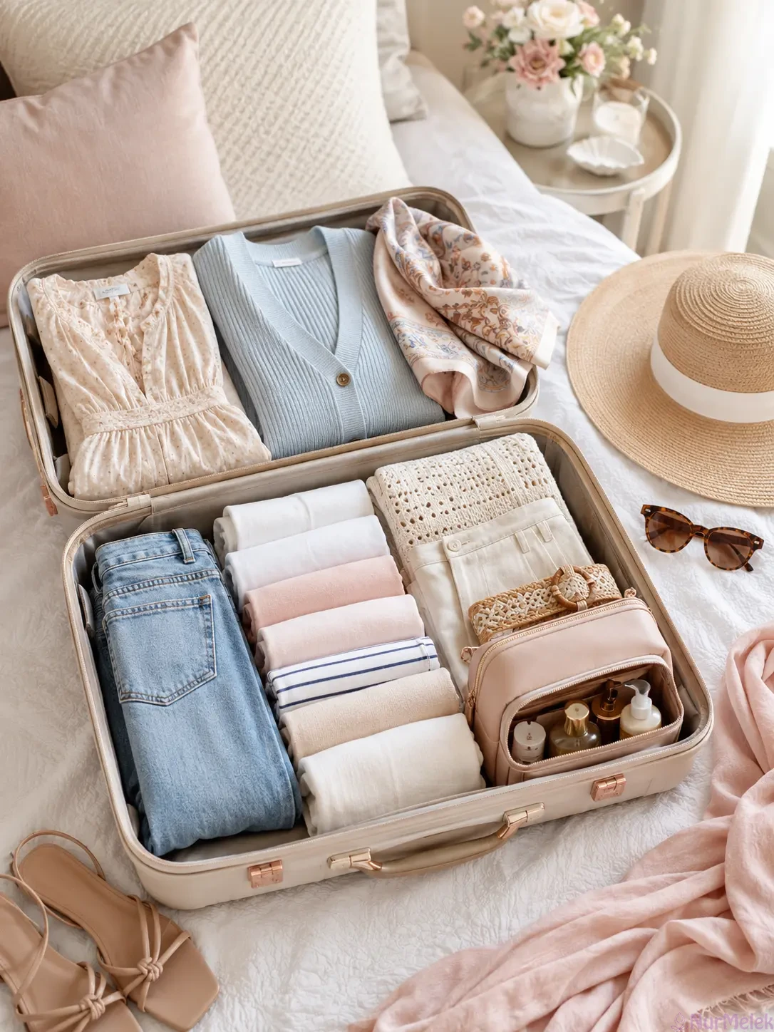 Pastel Tonlarda Tatil Valizi Düzeni