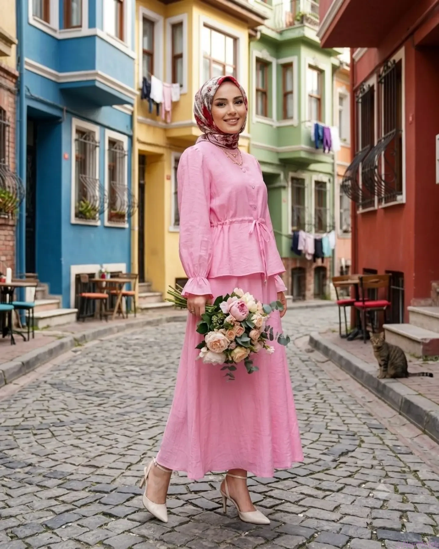 pembe tesettür takım Muhafazakar Date Kombini