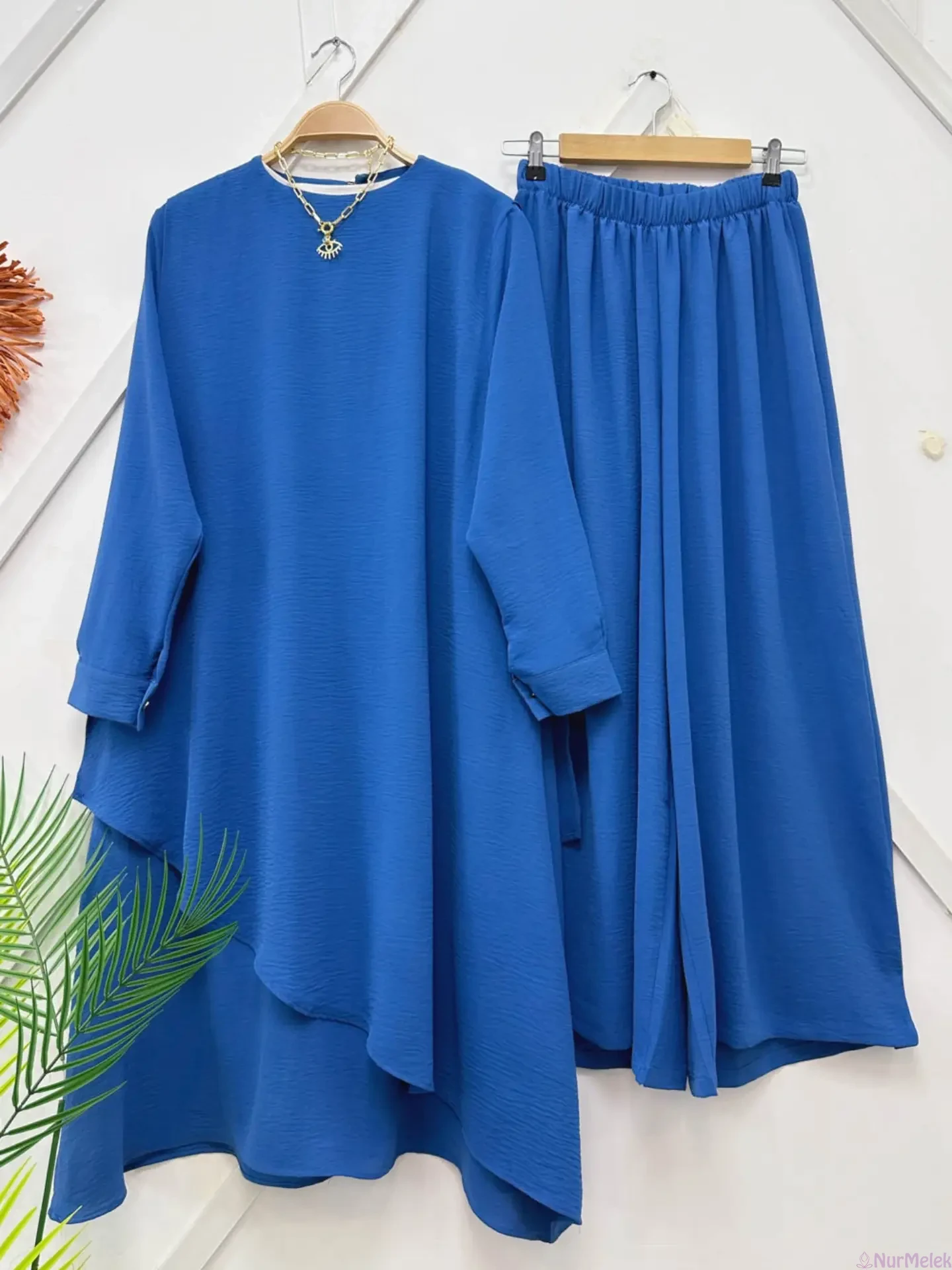 Saks Mavisi Salaş Tunik ve Etekli İkili Takım