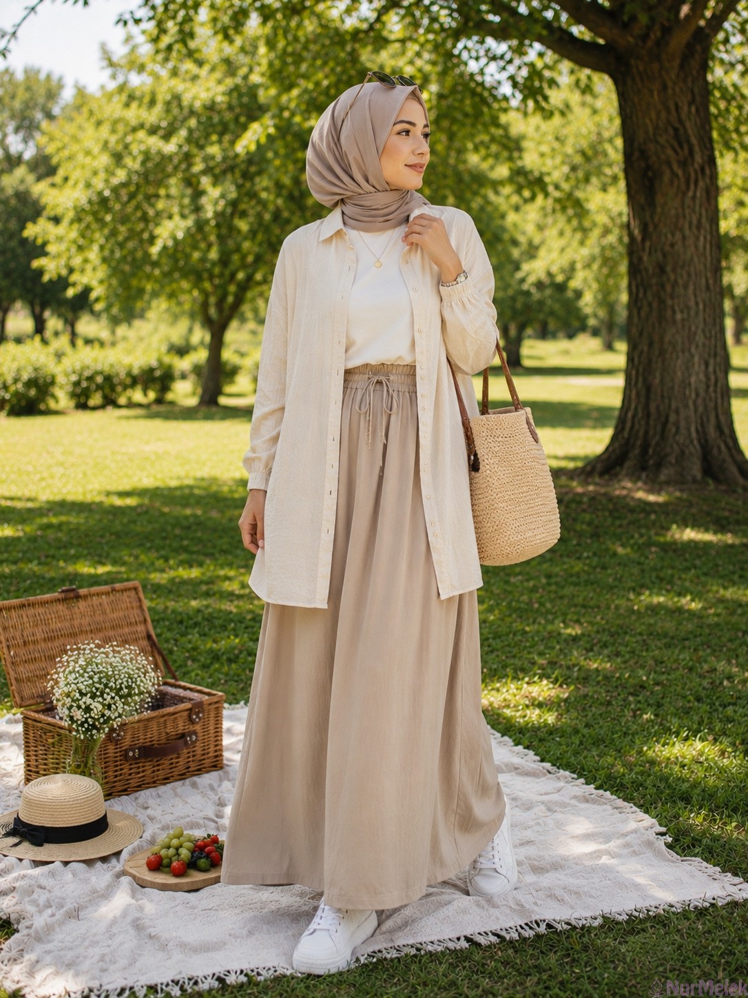 Tesettürlü Piknik Kombini Bej Etek