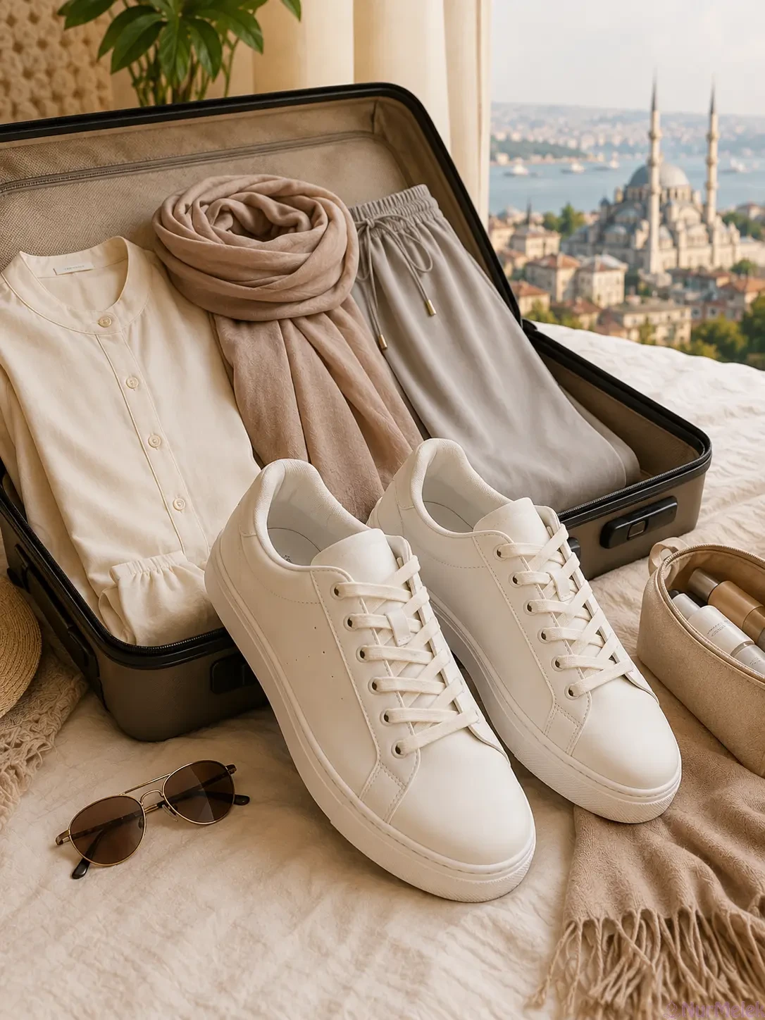 Tesettürlü Kadınlar İçin Rahat Beyaz Sneaker ve Seyahat Kombini