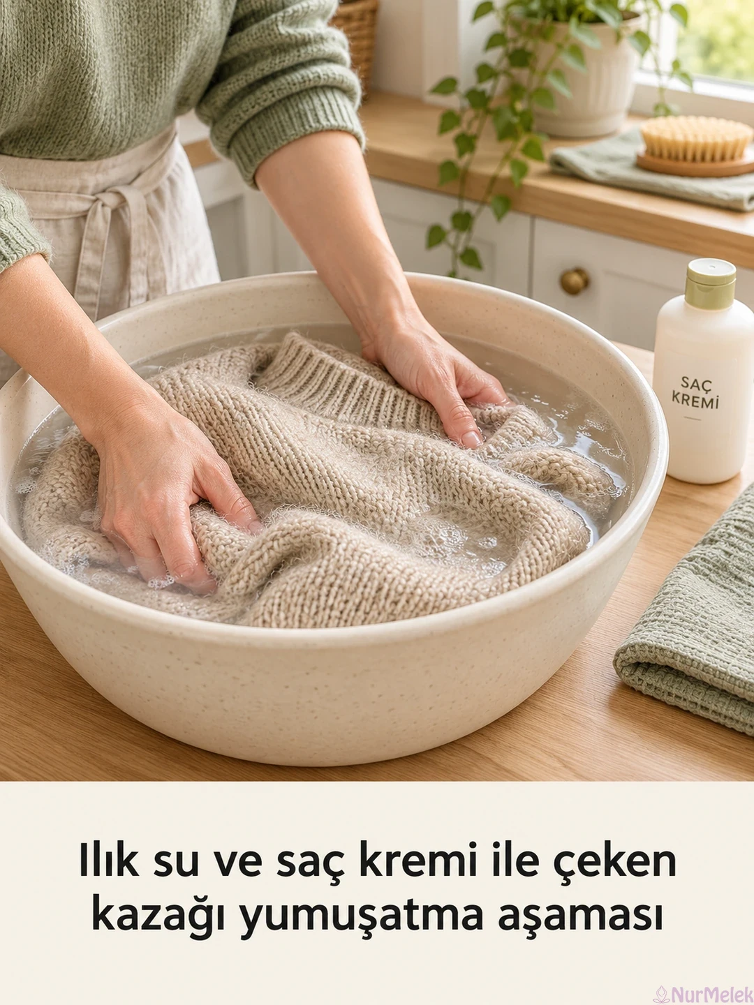 03 Ilık su ve saç kremi ile çeken kazağı yumuşatma aşaması