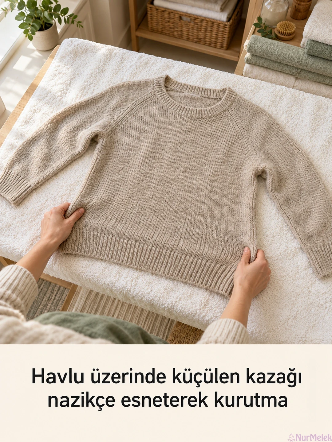 04 Havlu üzerinde küçülen kazağı nazikçe esneterek kurutma