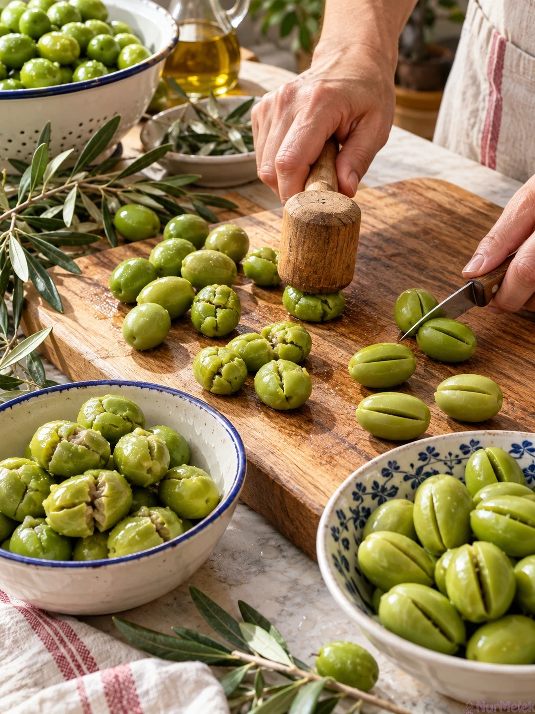 evde kırma ve çizik yeşil zeytin hazırlık aşaması
