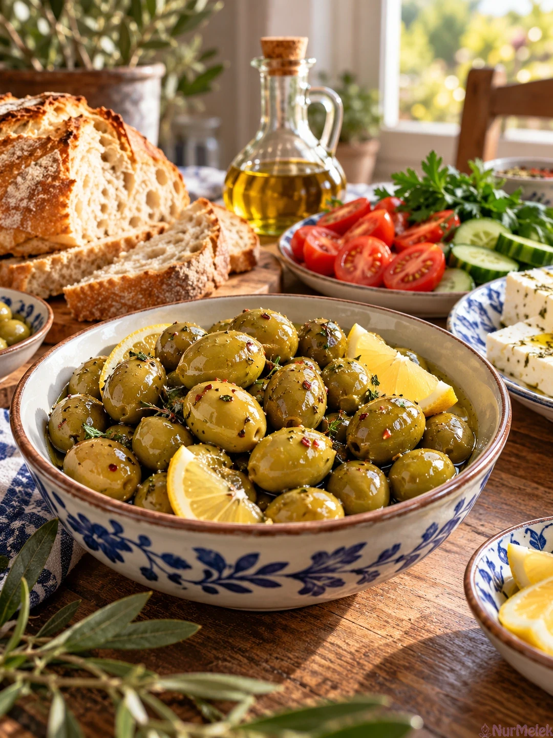 kahvaltı sofraları için nefis ev yapımı yeşil zeytin sunumu